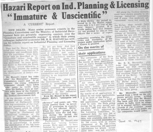 Hazari Report on Industrial Planning & Licensing “Immature & Unscientific”