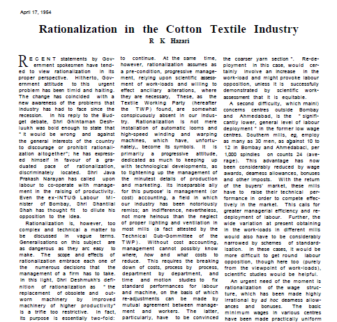 Rationalization in the Cotton Textile Industry