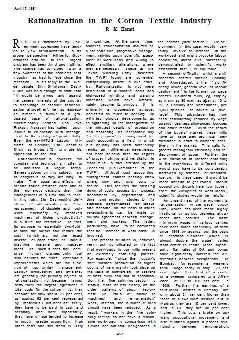 Rationalisation in the Cotton Textile Industry 17.4.1954